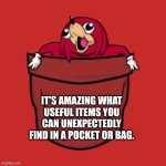 It's amazing what useful items you can unexpectedly find in a pocket or bag. | IT'S AMAZING WHAT USEFUL ITEMS YOU CAN UNEXPECTEDLY FIND IN A POCKET OR BAG. | image tagged in pocket knuckles,autism,useful,pocket,bag | made w/ Imgflip meme maker