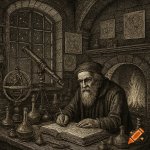 Historical etching of an old bearded scientist writing at a desk