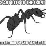 front page guys | IF THIS ANT GETS TO THE FRONT PAGE; IS IS BETTER THAN 6 7 AND CAN GET RID OF 6 7 | image tagged in ant,memey | made w/ Imgflip meme maker