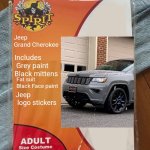 Okay guys, who wants to be a Jeep Grand Cherokee for Halloween next year? | Jeep Grand Cherokee; Includes
 Grey paint
Black mittens; Fat suit
Black Face paint; Jeep
 logo stickers | image tagged in spirit halloween,jeep,grand cherokee,funny,cosplay,halloween costume | made w/ Imgflip meme maker