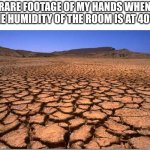 I hate dry air | RARE FOOTAGE OF MY HANDS WHEN THE HUMIDITY OF THE ROOM IS AT 40%: | image tagged in parched earth | made w/ Imgflip meme maker