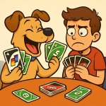 dog playing uno agents a person and the dog is wining BUT THE DO