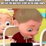 Well frick | WHEN YOU ARE ABOUT TO WASH DISHES BUT SEE THE NASTIEST STUFF IN THE SINK TRAPS | image tagged in memes,funny memes,oh no,nasty,dishes,please help me | made w/ Imgflip meme maker