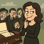 Lady smirking and thinking at a funeral casket. Everyone in the