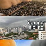 whewh | Older sibling; Younger sibling; The middle sibling who did absolutely nothing, but will be dragged in, and be punished for being involved anyway. | image tagged in dust doge storms and mikey caught in the middle,funny,memes | made w/ Imgflip meme maker