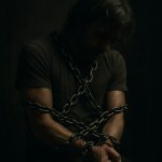 BEING BOUND, shackled with flexible chains, amidst DARKEN ROOM