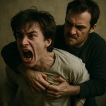 a picture of someone frantically restraining another person