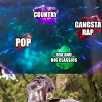 Also forgot to mention basically the Fallout soundtrack and Weird Al Yancovic (yes, that's totally a genre) | CLASSICAL MUSIC; ROCKNROLL; COUNTRY; GANGSTA RAP; POP; 80S AND 90S CLASSICS; THAT ONE INSANE KID'S PLAYLISTS (ME) | image tagged in thanos infinity stones,weird al yankovic,lol so funny,music,thanos,i used the stones to destroy the stones | made w/ Imgflip meme maker
