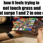 guess the refrence | not touch grass and beat surge 1 and 2 in one day | image tagged in a difficult challenge,idk,oh wow are you actually reading these tags,i'm in ur walls,rubik's cube,i'm back | made w/ Imgflip meme maker