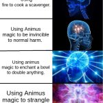 Animus magic uses | Using fire to cook a scavenger. Using Animus magic to be invincible to normal harm. Using animus magic to enchant a bowl to double anything. Using Animus magic to strangle a random seagull. | image tagged in galaxy brain,wings of fire | made w/ Imgflip meme maker