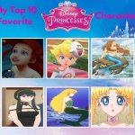 top 10 favorite princesses | image tagged in top 10 favorite princesses,disney princesses,videogames,anime,the little mermaid,fairy tales | made w/ Imgflip meme maker