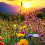 Sunset field of flowers mountains beautiful