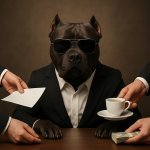 A black pitbull sitting at a desk looking tough and like he has