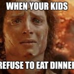 Is all lost at the dinner table? | WHEN YOUR KIDS; REFUSE TO EAT DINNER | image tagged in frodo in mt doom,memes,my precious,nutrition,it's what's for dinner,betrayal | made w/ Imgflip meme maker