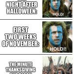 I made this meme because I’m expecting a package from an online order the upcoming Wednesday. Anyone else? | PEOPLE BUYING STUFF ONLINE IN NOVEMBER:; THE NIGHT AFTER HALLOWEEN:; FIRST TWO WEEKS OF NOVEMBER:; THE MINUTE THANKSGIVING AND BLACK FRIDAY SALES BEGIN: | image tagged in hold hold now,black friday,online shopping,relatable,thanksgiving,oh wow are you actually reading these tags | made w/ Imgflip meme maker