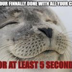 oh dear | WHEN YOUR FINNALLY DONE WITH ALL YOUR CHORES... FOR AT LEAST 5 SECONDS | image tagged in memes,satisfied seal | made w/ Imgflip meme maker