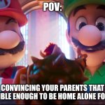 Mario Galaxy Movie - Bowser presents his masterpiece. | POV:; YOU'RE CONVINCING YOUR PARENTS THAT YOU'RE RESPONSIBLE ENOUGH TO BE HOME ALONE FOR A WEEK. | image tagged in mario galaxy movie - bowser presents his masterpiece | made w/ Imgflip meme maker