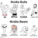 Nvidia Bulls vs Nvidia Bears | Nvidia Bulls; Leather Jacket; GPUs; CUDA; AI; Nvidia Bears; I sold Nvidia at $140. Heres why; AI is a bubble; Intel is better than Nvidia; Nvidia is overvalued | image tagged in ai | made w/ Imgflip meme maker