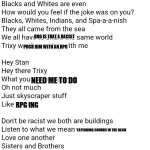 POV:when buliding is evil | BRO IS THAT A RACIST; PUCH HIM WITH AN RPG; NEED ME TO DO; RPG ING; *EXPLODING SOUNDS IN THE BACK | image tagged in don't be racist i am a building lyrics | made w/ Imgflip meme maker