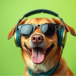 Happy Cool Dog Sunglasses Headphones Listening