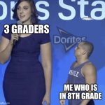 This gen is crazy | 3 GRADERS; ME WHO IS IN 8TH GRADE | image tagged in tall girl little guy | made w/ Imgflip meme maker