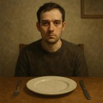 Man sitting at he other side of a dinner table with a blank expr