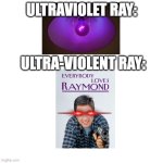 im an idiot | ULTRAVIOLET RAY:; ULTRA-VIOLENT RAY: | image tagged in memes,blank transparent square | made w/ Imgflip meme maker
