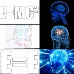 E=E | E=MC²; E=E | image tagged in galaxy brain 3 brains | made w/ Imgflip meme maker