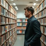 Man Searching Looking at Bookshelves in Library