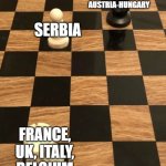 WW1 summarized in 1 image | AUSTRIA-HUNGARY; SERBIA; FRANCE, UK, ITALY, BELGIUM | image tagged in chess knight pawn rook,ww1,world war 1,chess | made w/ Imgflip meme maker