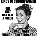 Strong Women | THERE ARE TWO DIFFERENT KINDS OF STRONG WOMEN; ONE THAT CAN TAKE A PUNCH; AND ONE SMART ENOUGH TO DESTROY YOU WITHOUT BREAKING A NAIL | image tagged in retro woman teacup,strong women,strong woman,women,intelligent women,memes | made w/ Imgflip meme maker
