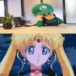 luigi falls in love with sailor moon | image tagged in who falls in love with sailor moon,super mario,nintendo,luigi,crossover,sailor moon | made w/ Imgflip meme maker