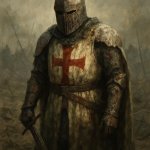 Templar knight in armor after a battle