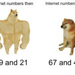 It’s true tho | Internet numbers then; Internet numbers now; 69 and 21; 67 and 41 | image tagged in memes,buff doge vs cheems,numbers,funny | made w/ Imgflip meme maker