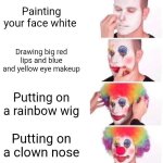 Clown | Painting your face white; Drawing big red lips and blue and yellow eye makeup; Putting on a rainbow wig; Putting on a clown nose | image tagged in memes,clown applying makeup,clown | made w/ Imgflip meme maker