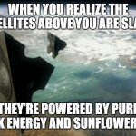 Slavic AG-3 satellites | WHEN YOU REALIZE THE SATELLITES ABOVE YOU ARE SLAVIC; THEY’RE POWERED BY PURE GOPNIK ENERGY AND SUNFLOWER SEEDS | image tagged in slavic ag-3 satellites,slavic lives matter,slavic satellites | made w/ Imgflip meme maker