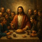 Jesus last supper talking to disciples with bread and Judas