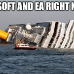 Especially the former | UBISOFT AND EA RIGHT NOW. | image tagged in memes,sinking ship,ubisoft,electronic arts | made w/ Imgflip meme maker