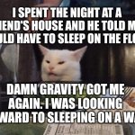 Smudge that darn cat | I SPENT THE NIGHT AT A FRIEND'S HOUSE AND HE TOLD ME I WOULD HAVE TO SLEEP ON THE FLOOR. DAMN GRAVITY GOT ME AGAIN. I WAS LOOKING FORWARD TO SLEEPING ON A WALL | image tagged in smudge that darn cat | made w/ Imgflip meme maker