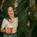 Alien Xenomorph and Sigourney Weaver laughing laughing