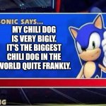 Uh, guys, is he okay? | MY CHILI DOG IS VERY BIGLY. IT'S THE BIGGEST CHILI DOG IN THE WORLD QUITE FRANKLY. | image tagged in sonic says | made w/ Imgflip meme maker