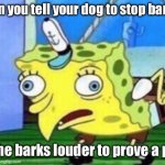 It’s true | When you tell your dog to stop barking; and he barks louder to prove a point | image tagged in memes,mocking spongebob,funny | made w/ Imgflip meme maker