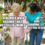 Please erase brainrot. It is unfun | I REMEMBER WHEN BRAINROT WAS JUST CALLED "MEMES"; SURE, GRANDMA, LET'S GET YOU TO BED. | image tagged in sure grandma let's get you to bed | made w/ Imgflip meme maker
