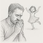 Dad praying for help whilst girl dances in background