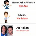 Never ask a woman her age | An Italian, About pineapple on pizza | image tagged in never ask a woman her age | made w/ Imgflip meme maker