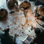 Military body staff looking at strategy meeting table