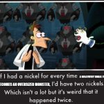 Disney Carnotaurus and Rudy the Baryonyx | A RELATIVELY SMALL THEROPOD; BECOMES AN OVERSIZED MONSTER, | image tagged in doof if i had a nickel | made w/ Imgflip meme maker