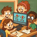 Elevi lucrând la o animație 3D în care moleculele dansează