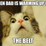 Scared Cat Meme | WHEN DAD IS WARMING UP FOR; THE BELT | image tagged in memes,scared cat | made w/ Imgflip meme maker