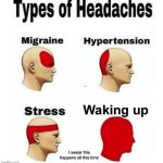 Types of Headaches meme | Waking up; I swear this happens all this time | image tagged in types of headaches meme | made w/ Imgflip meme maker